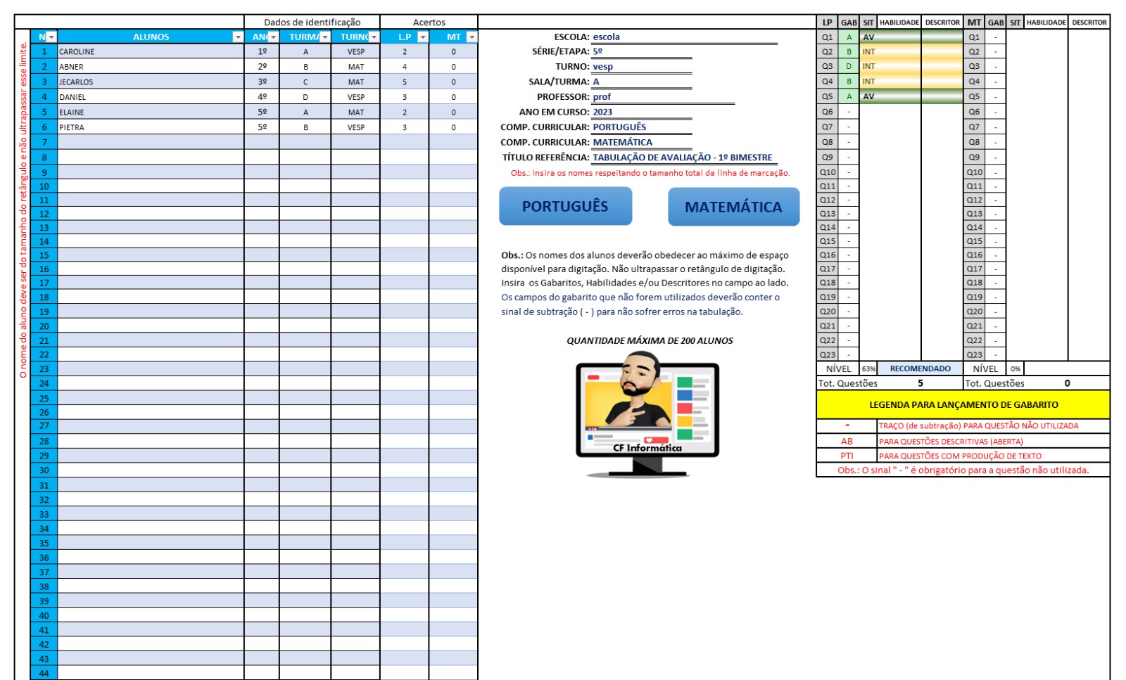 Planilha para Tabulação de Avaliações - Uso pessoal e/ou Pedagógico
