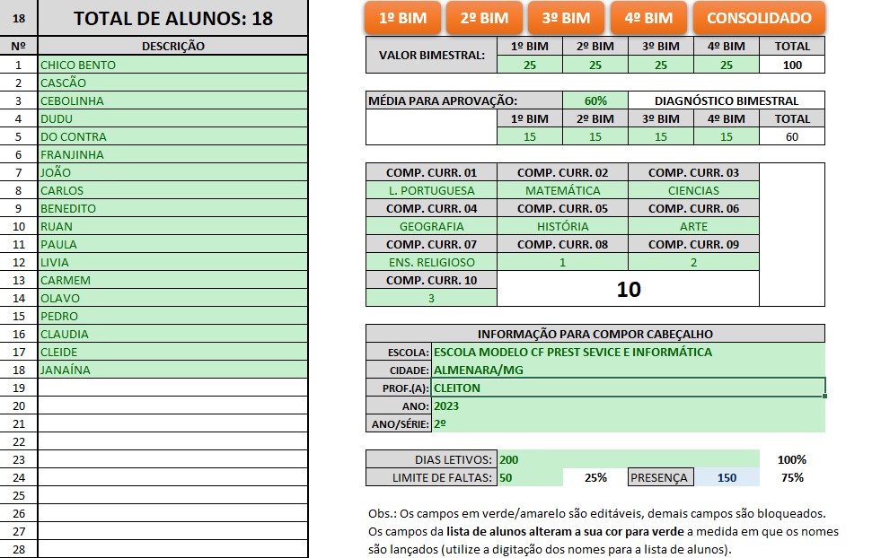 Planilha Consolidado para Rendimento Escolar (V. Nota)