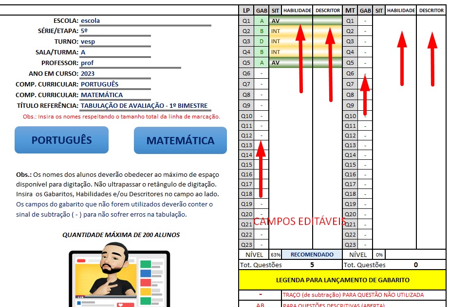 Planilha para Tabulação com até 200 alunos
