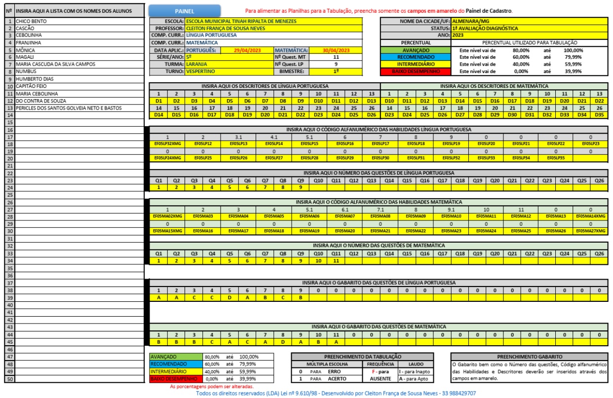 Planilha para Tabulação de Avaliação Diagnóstica com Consolidado (Habilidades e Descritores)